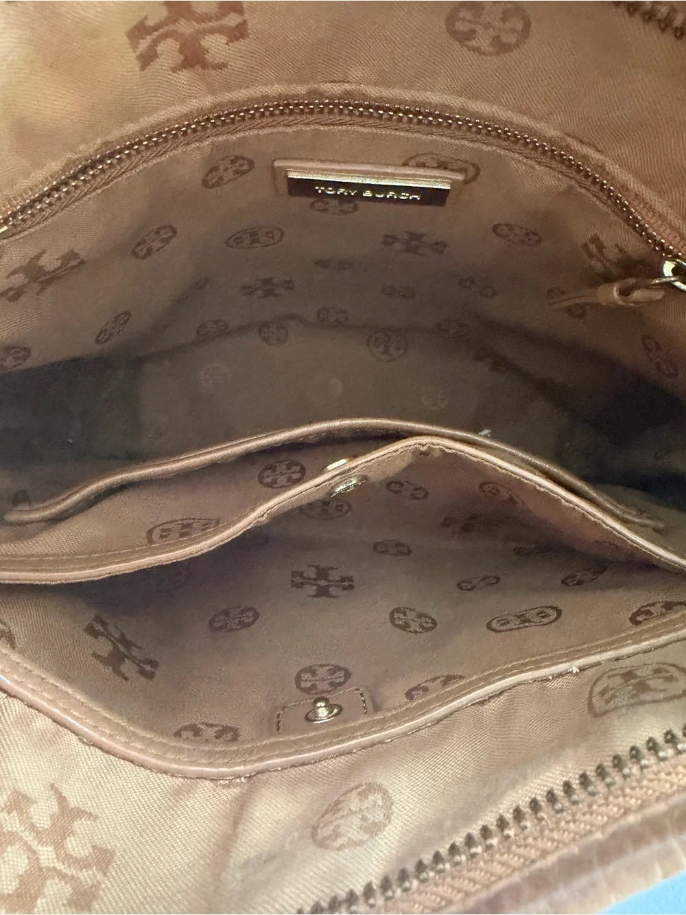 Tory Burch Camel/Tan Leather Shoulder Bag with Logo Medallion